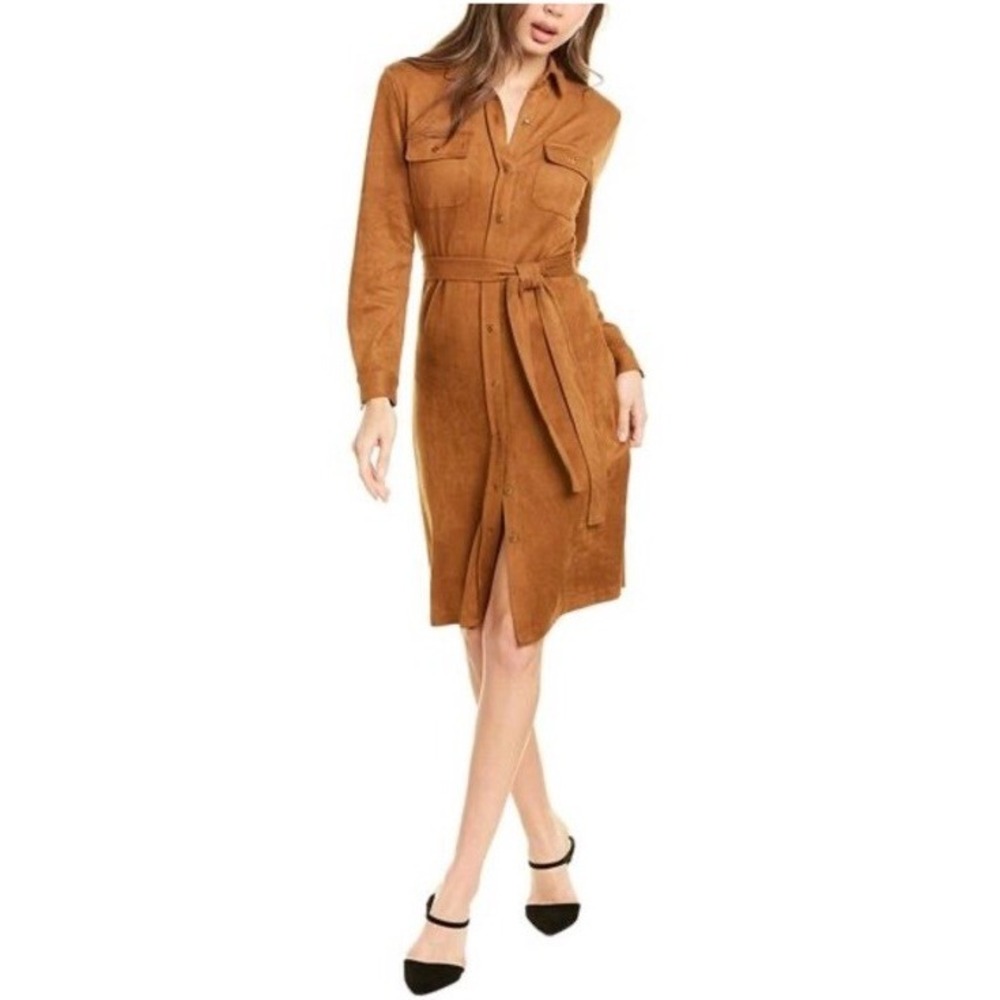 J. McLaughlin Harlem Brown Vegan Suede Shirt Dress XL New Cognac Long Sleeve